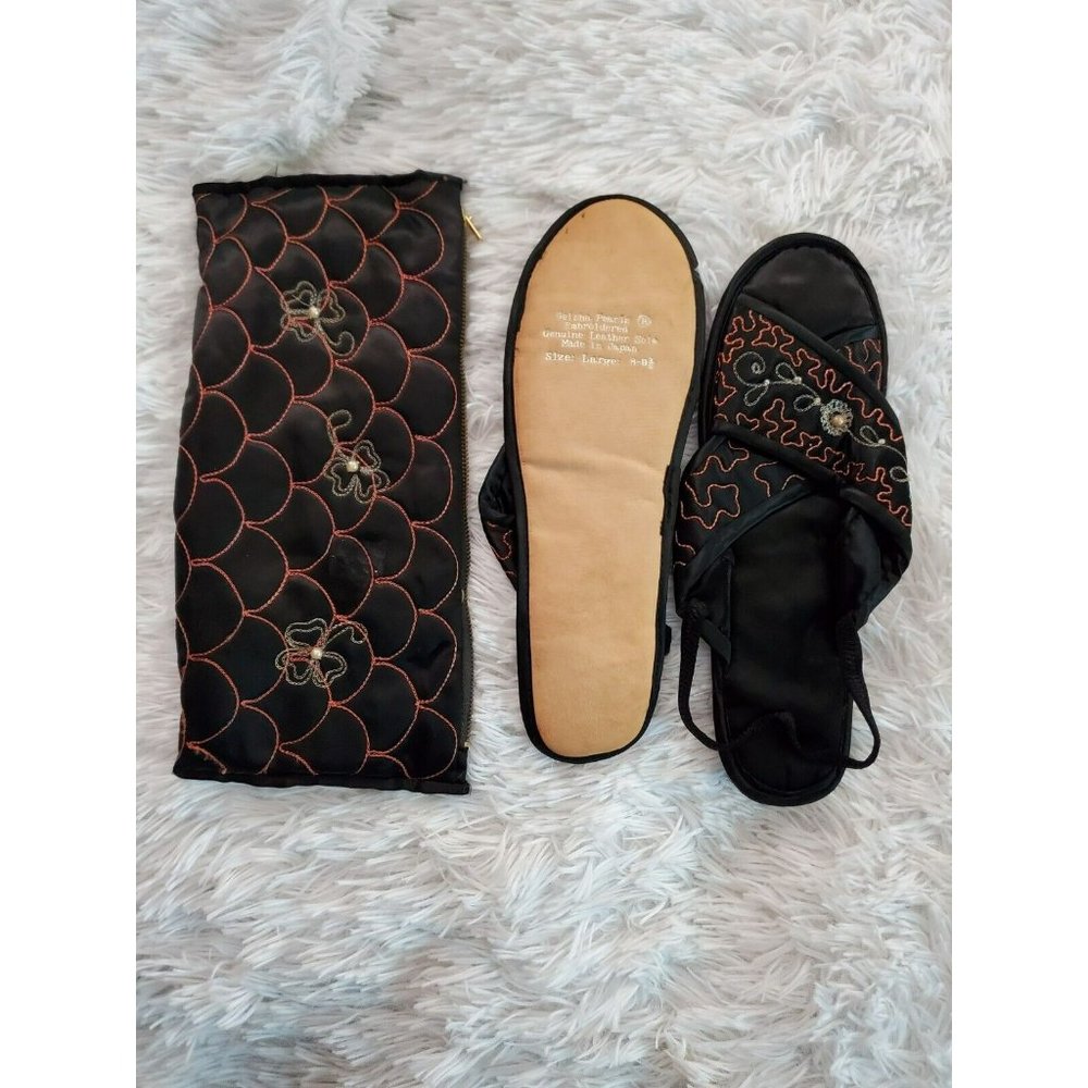Vtg Japanese  M8-9.5 Slippers Black Embroidered Geisha Pearl  Bag Leather sole